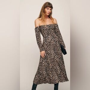 New Reformation Ballari Dress in Leo Black Brown Midi Off Shoulder Long Size 2